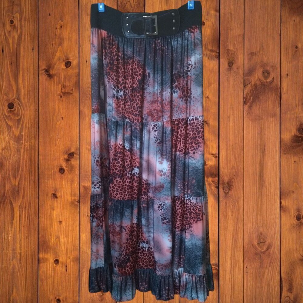 Magic Size 1X Elastic Waist Pull On Maxi Skirt Boho Hippie Ruffle Buckle Y2K